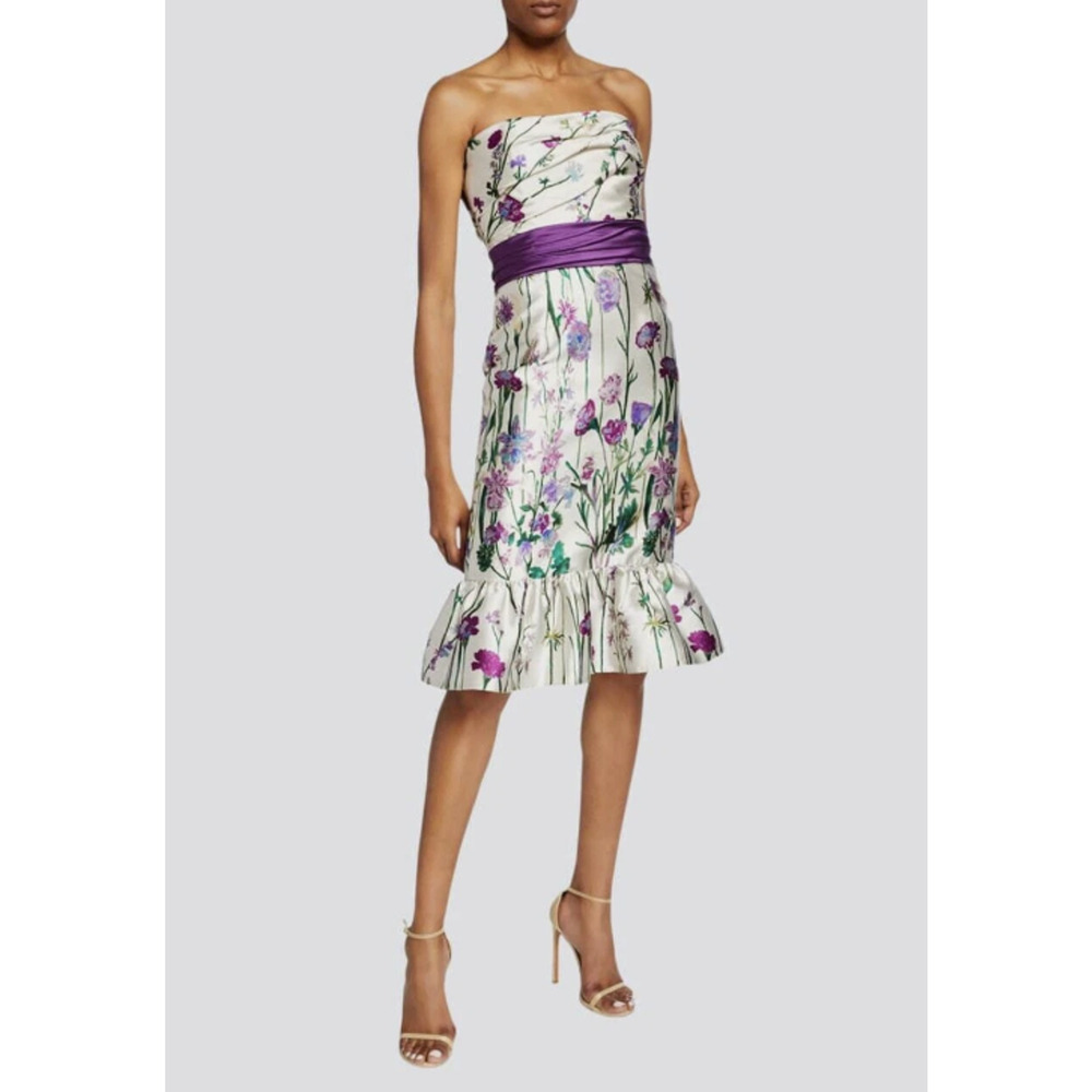 NWT Marchesa Notte Mikado Strapless Floral Sash Cocktail Dress Sz 8 Ivory #1A601